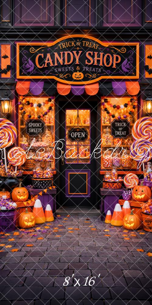 Kate Sweep Halloween Candy Shop Pumpkins Lollipops Cobblestone Printed Backdrop Designed by Megan Leigh Photography
