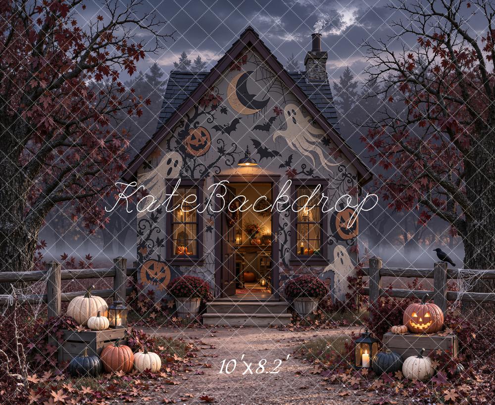 Kate Halloween Haunted House Bats Ghosts Pumpkins Printed Backdrop Designed by Emetselch