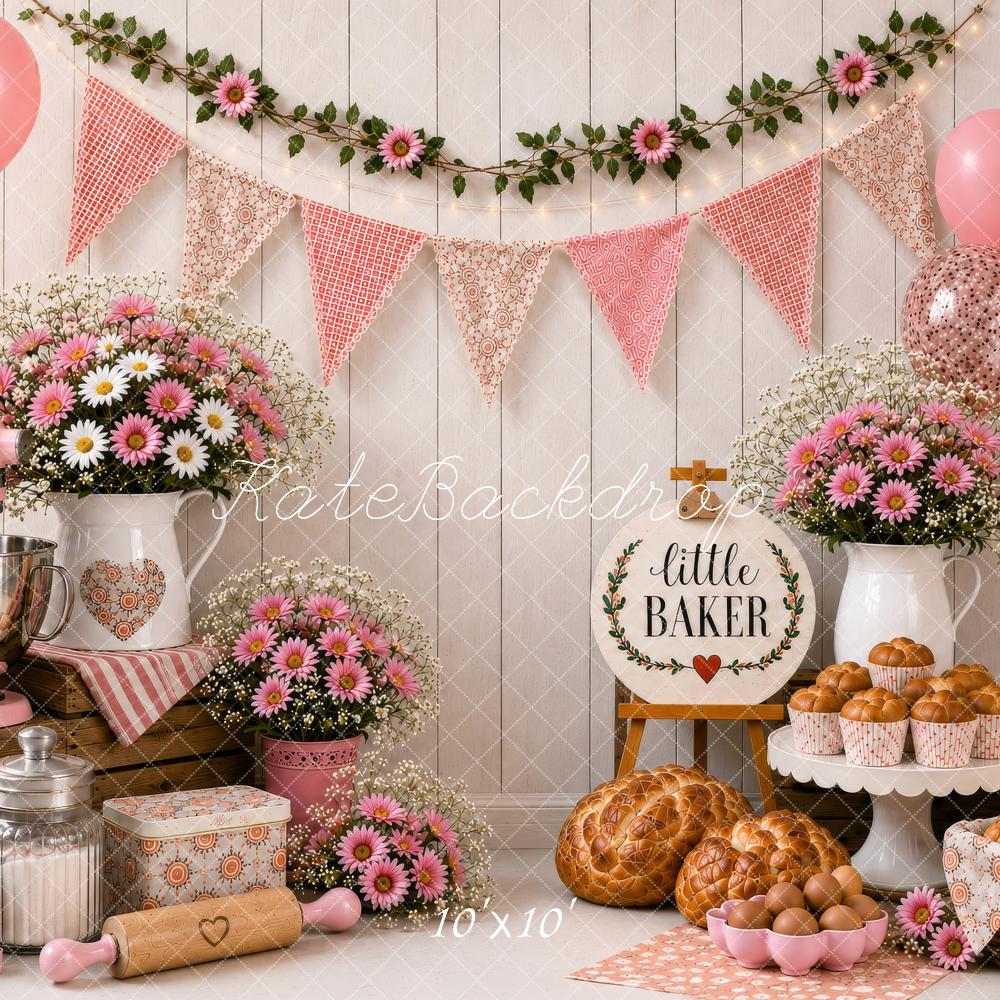 Kate Cake Smash Pink Little Baker Kitchen Floral Balloons Printed Backdrop Designed by Shutter Swan Studios