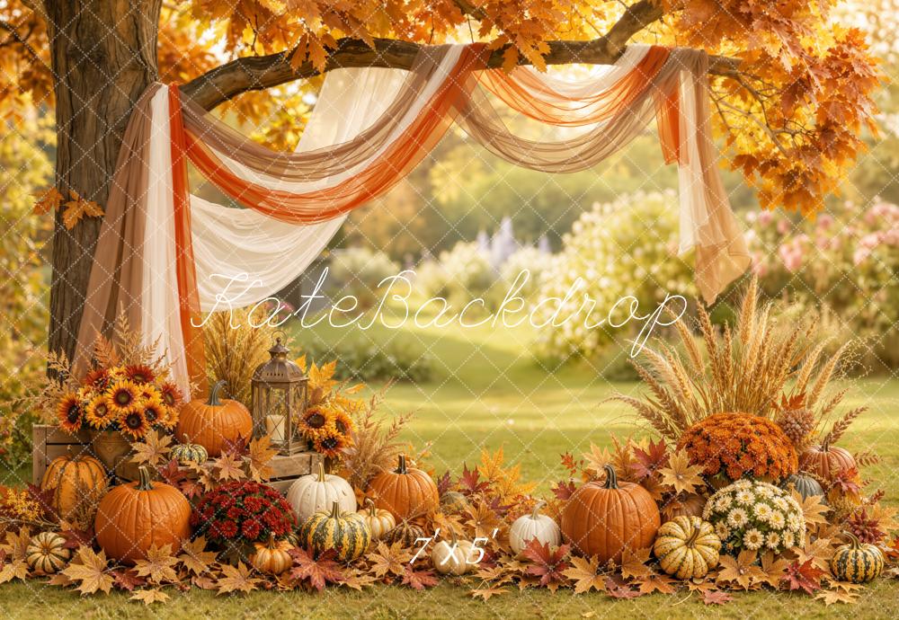 Kate Fall Branch Arch Drapes Pumpkin Floral Outdoor Printed Backdrop Designed by Emetselch