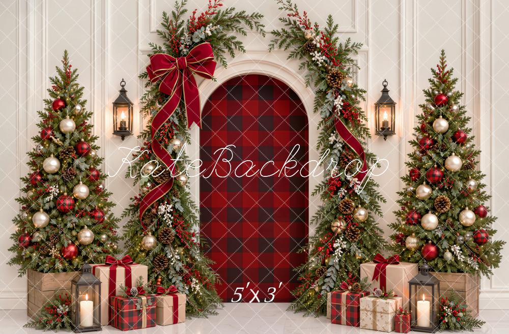 Kate Christmas Trees Arch Plaid Red Ribbon Garland Gifts Printed Backdrop Designed by Emetselch