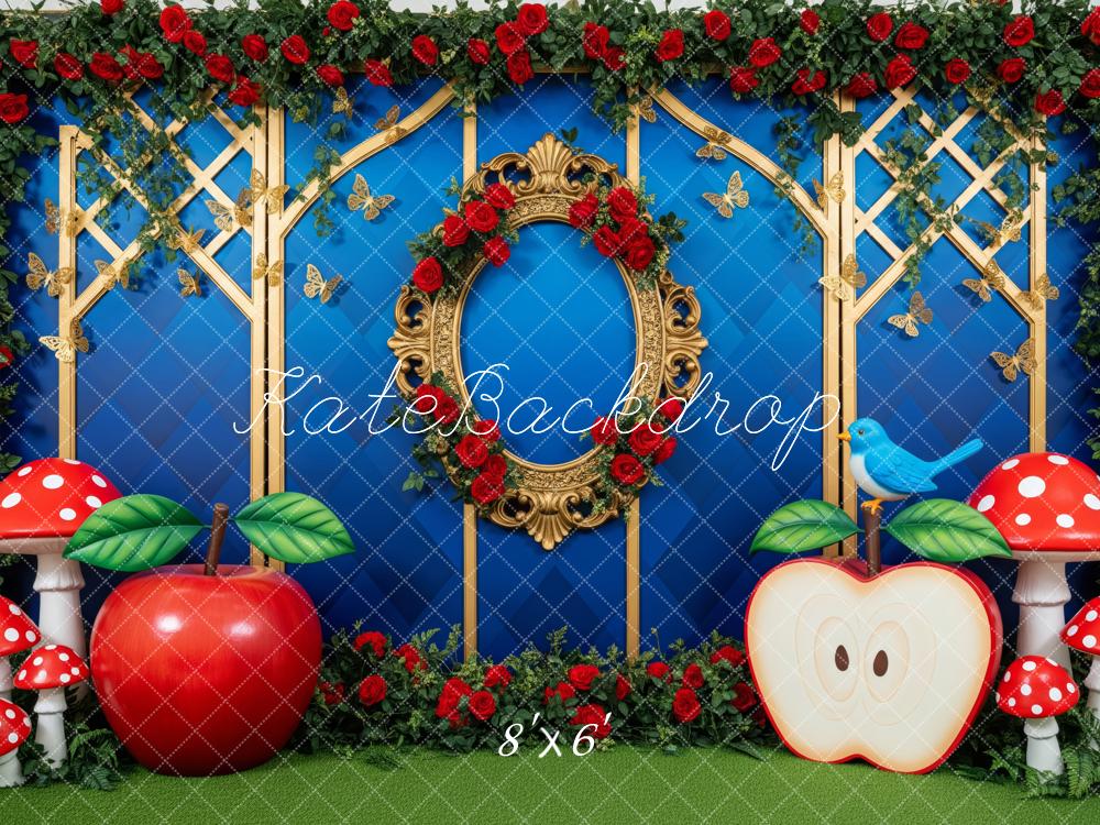Kate Cake Smash Blue Lattice Red Roses Apples Mushrooms Gold Frame Backdrop Designed by Patty Roberts