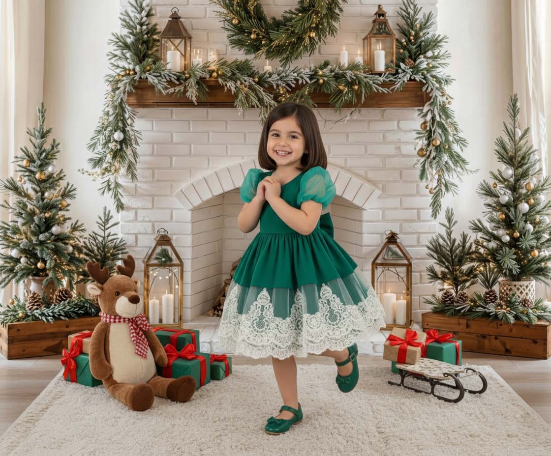 Groene Puff Mouw Strik Meisjesjurk voor Fotografie