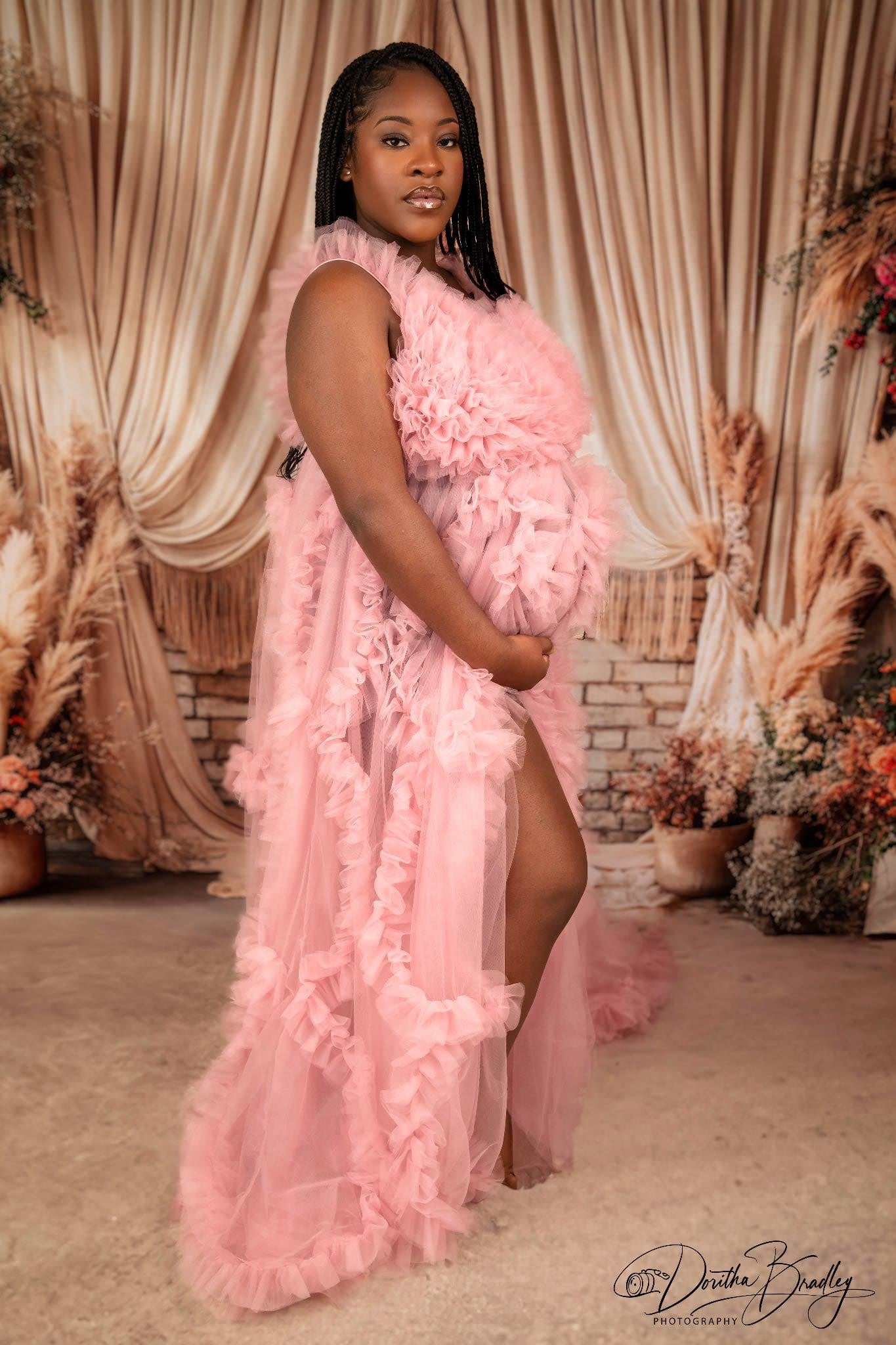 Kate Boho Reed Pink White Flower Beige Curtain Brick Wall Backdrop+Light Brown Floor Backdrop