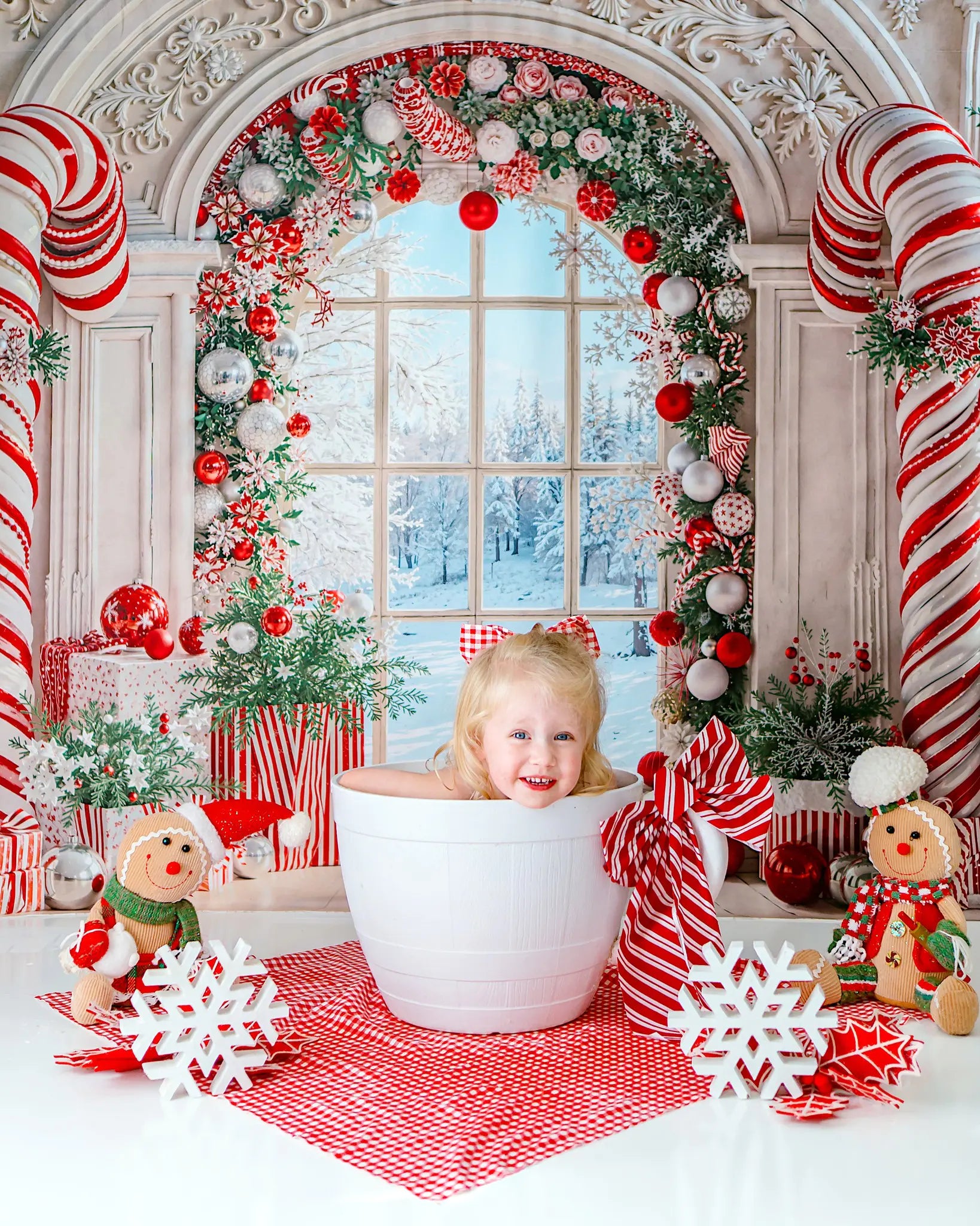 Kerst Snoepstok Retro Boogvenster Foto Achtergrond Designed by Emetselch