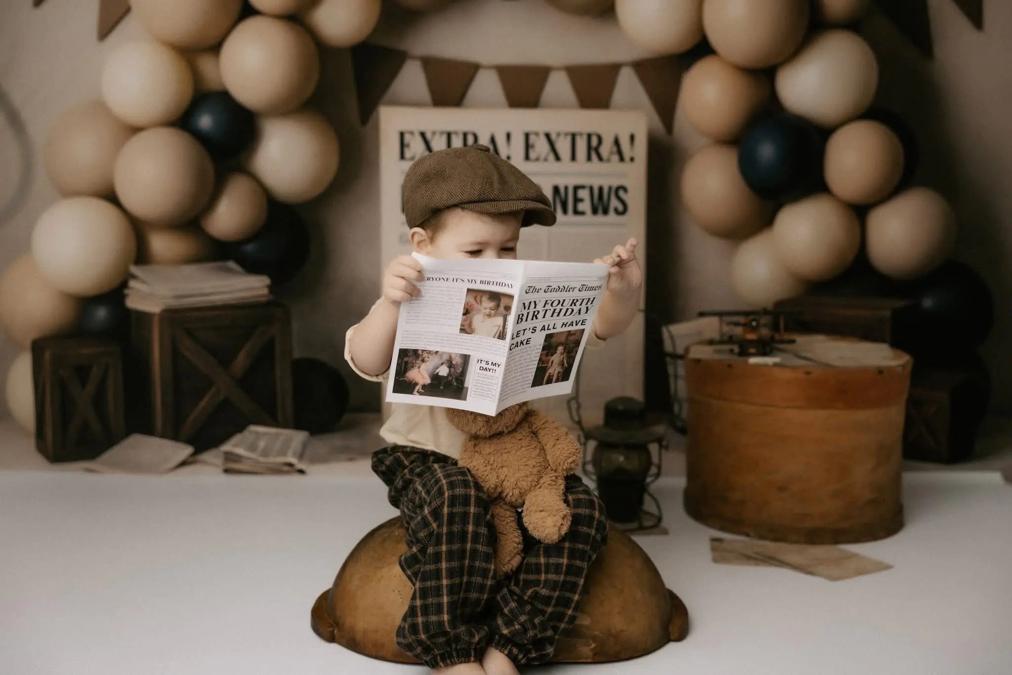 Kate Cake Smash Newspaper Balloon Arch Printed Backdrop Designed by Mini MakeBelieve