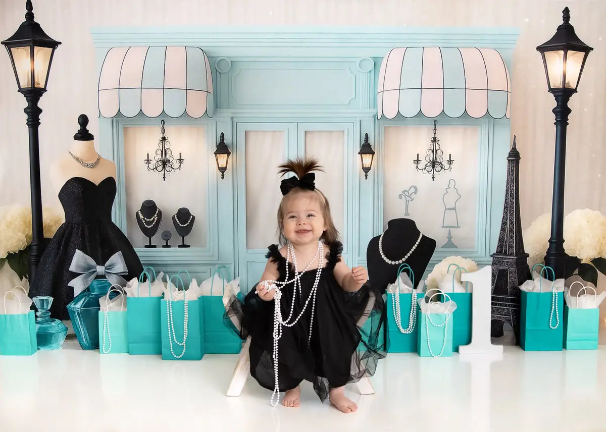 Kate Cake Smash Parisian Boutique Fashion Shop Backdrop Designed by Ashley Paul