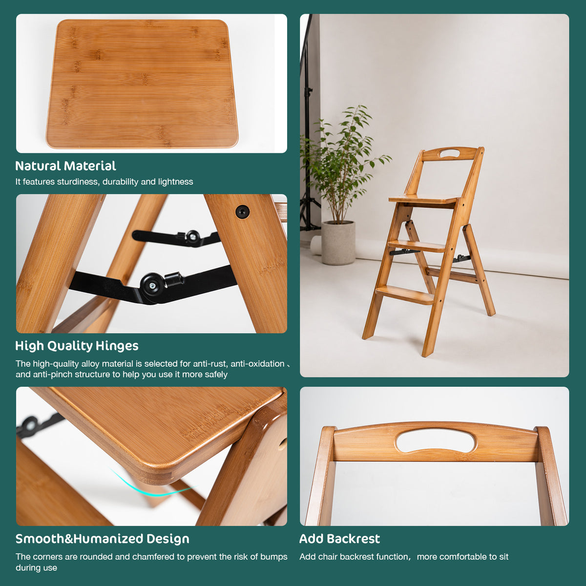 SALE Kate 3-Step Foldable Wooden Photography Step Ladder, 300 lb Capacity Solid Wood Step Stool with Back for Pose Studio, Portrait Shooting, Home Kitchen & Living Room