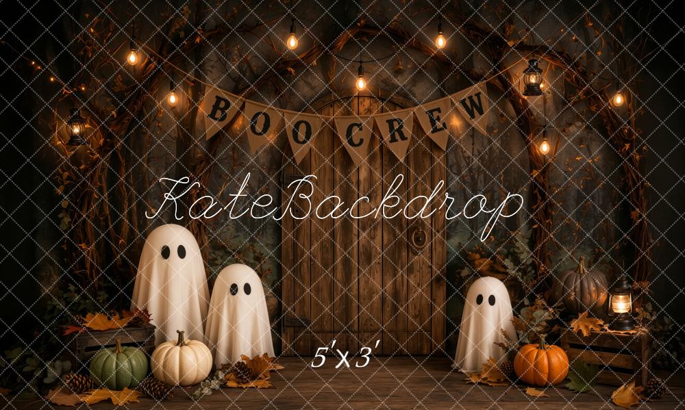 Kate Halloween Trick Or Treat Haunted Barn Ghosts Pumpkins Lights Printed Backdrop Designed by Ashley Ward