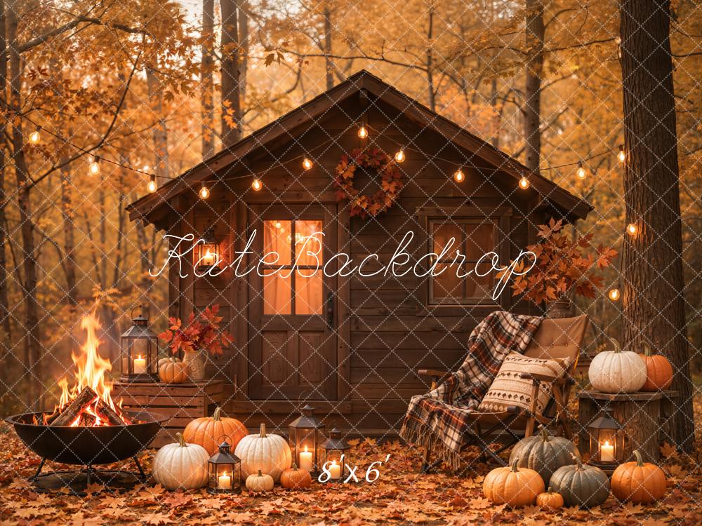 TEST Kate Fall Forest Cabin Pumpkin Fire Pit Printed Backdrop Designed by Emetselch