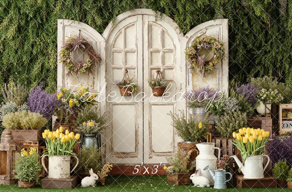 Kate Spring Flower Garden Rustic Door Wreaths Bunnies Printed Backdrop Designed by Emetselch