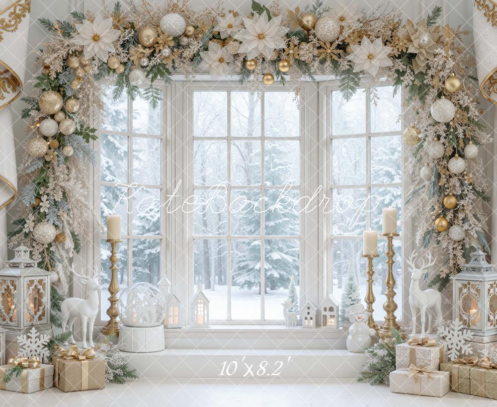 Kate Christmas White Gold Floral Window Arch Printed Backdrop Designed by Mini MakeBelieve