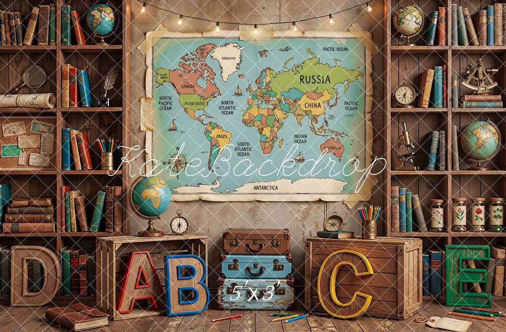 Kate Back to School World Map Bookshelves Globes ABC Letters Printed Backdrop Designed by Emetselch