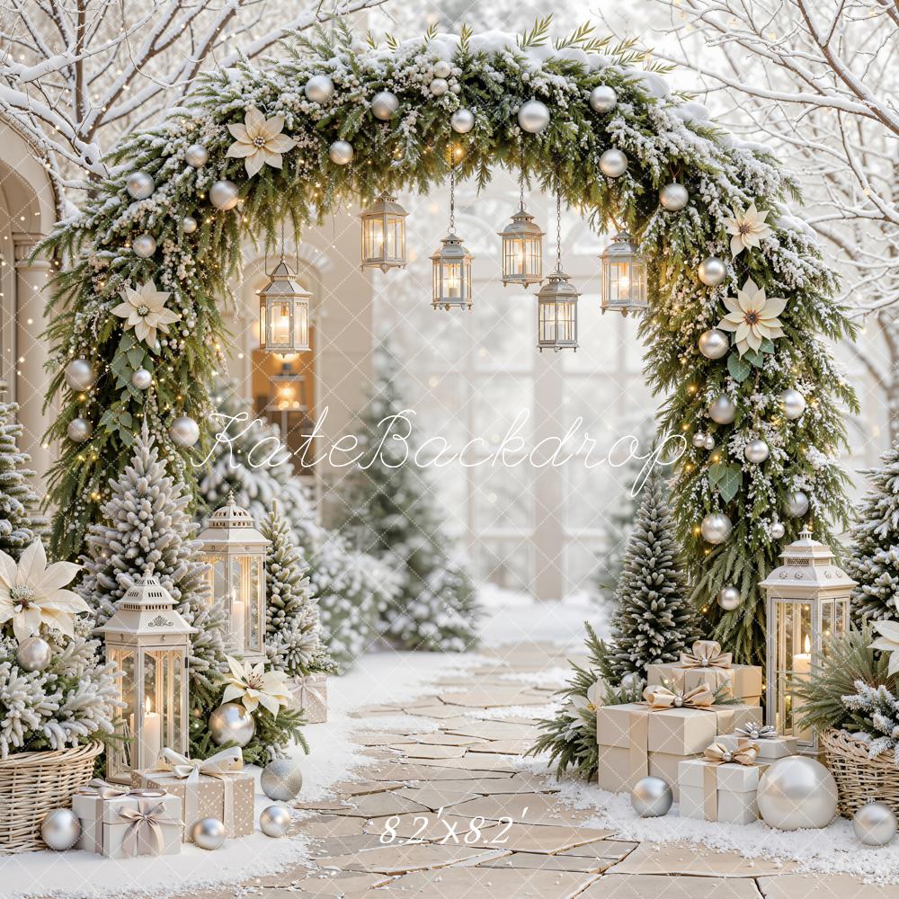 Kate Christmas Floral Pine Arch Lanterns Snowy Outdoor Printed Backdrop Designed by Emetselch