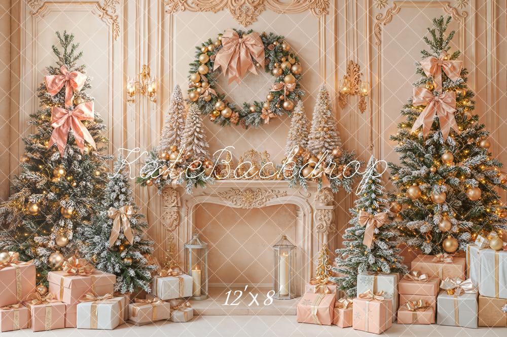Kate Christmas Fireplace Gorgeous Pink Gold Trees Wreath Gifts Backdrop Designed by Emetselch