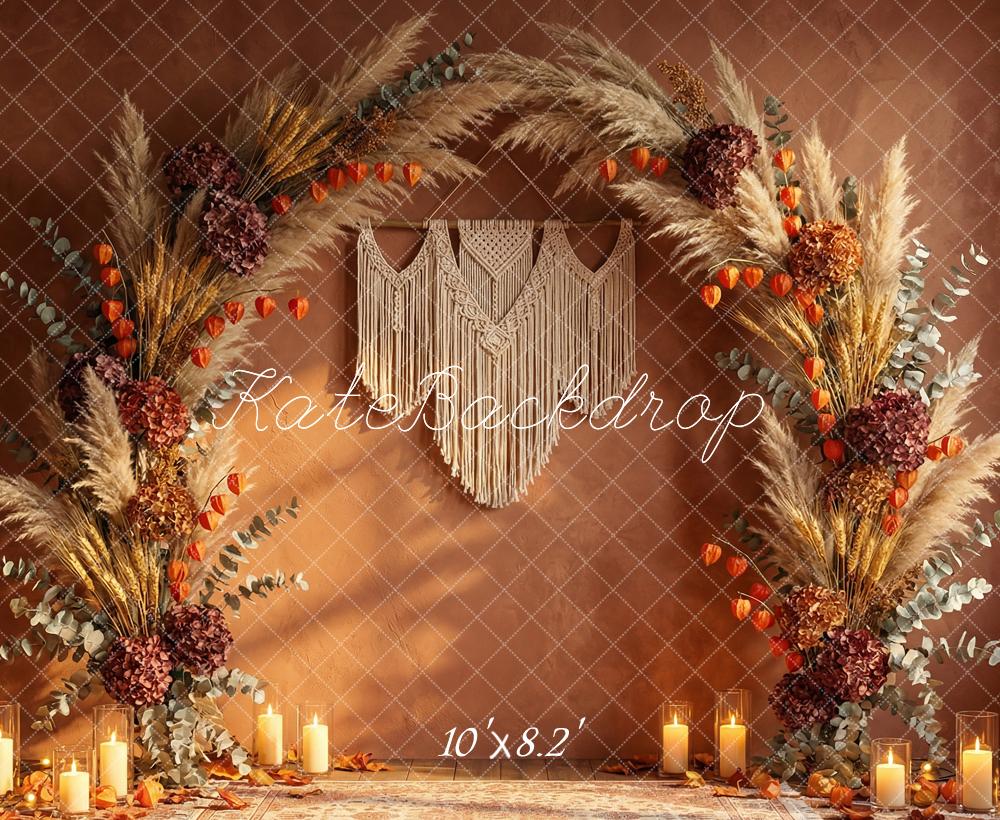 TEST Kate Boho Flower Arch Pampas Grass Candles Brown Printed Backdrop Designed by Happy Squirrel Design
