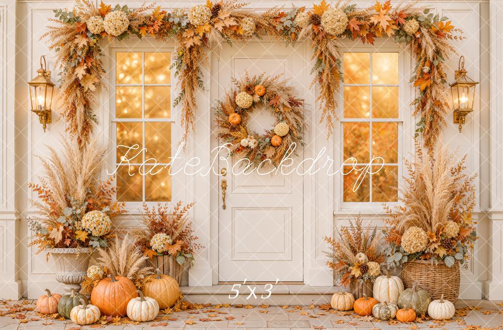 Kate Fall Front Door Floral Garland Wreath Pumpkins Window Printed Backdrop Designed by Emetselch