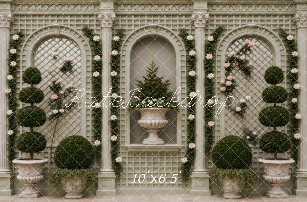 Kate Classic Garden Trellis Arches Topiary Green Printed Backdrop Designed by Vertigo Productions