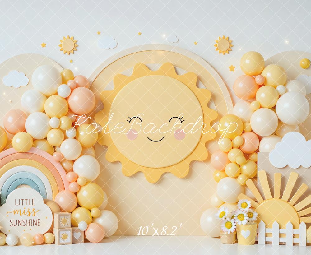 Kate Cake Smash Sunshine Rainbow Balloons Clouds Yellow Printed Backdrop Designed by Mini MakeBelieve