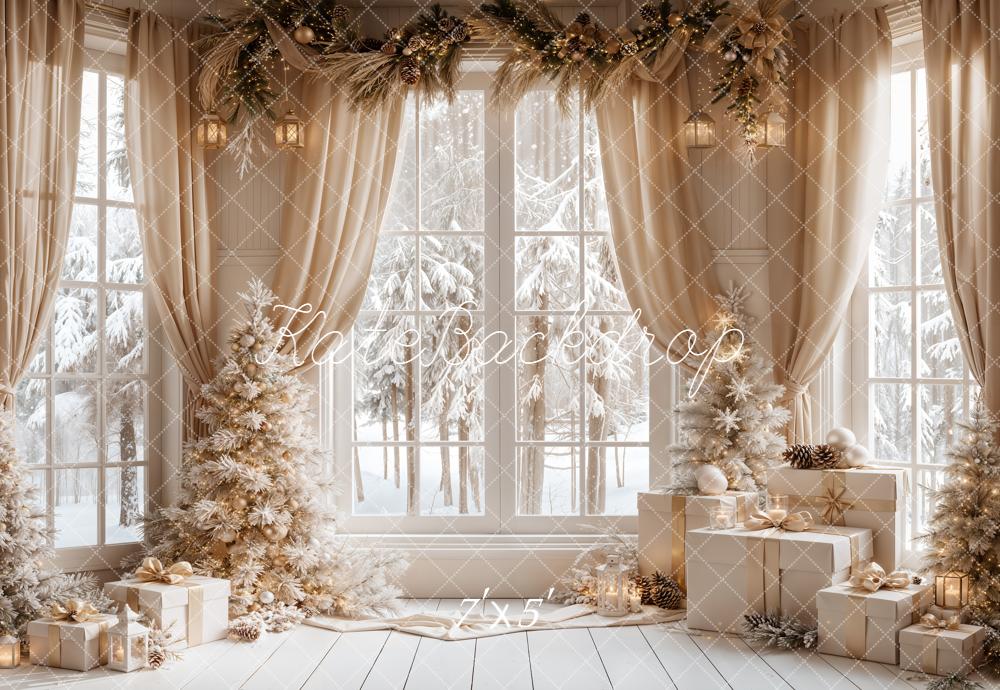 Kate Christmas Windows Beige Curtains Winter White Trees Gifts Printed Backdrop Designed by Emetselch