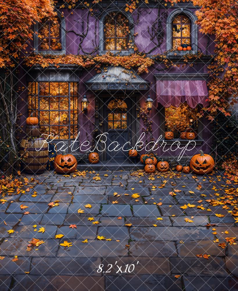 Fondo de calabazas y hojas caídas de Halloween Cottage diseñado por Emetselch