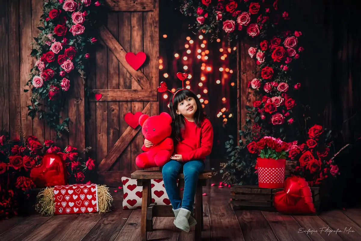Kate Valentine's Day Red Heart Flower Arch Barn Door Backdrop Designed by Emetselch
