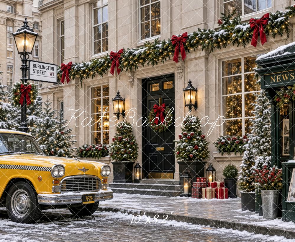 Kate Christmas Urban Snowy City Street Vintage Building Yellow Taxi Printed Backdrop Designed by Patty Roberts