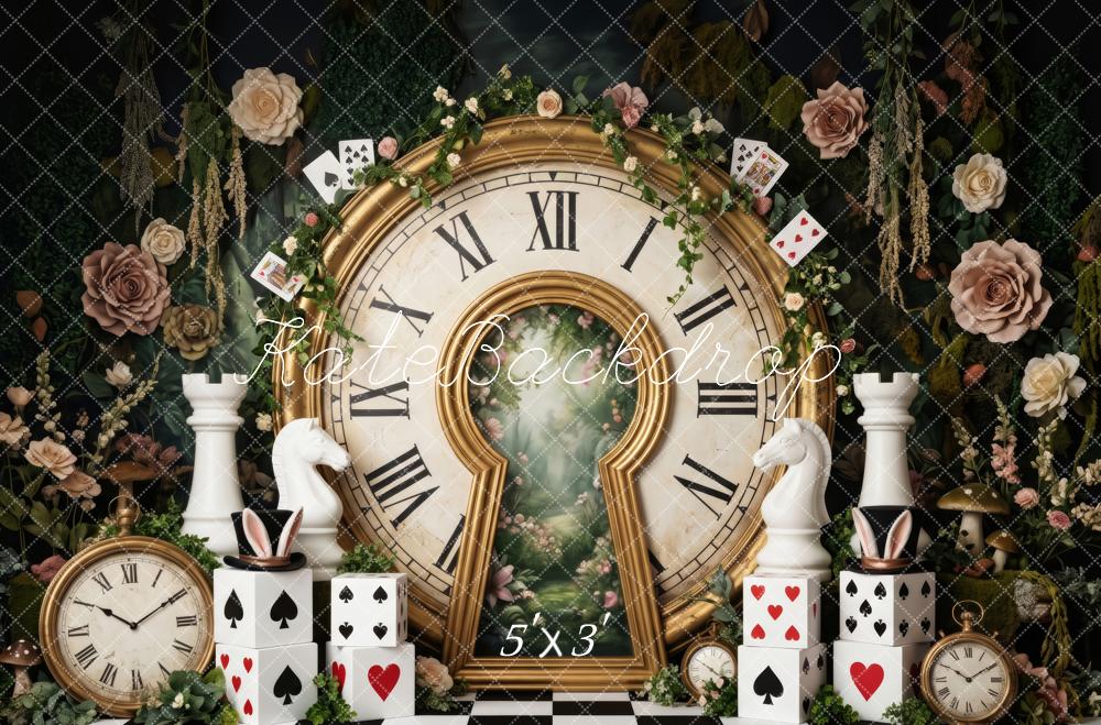 Kate Alice Garden Clock Room Wonderland Chessboard Playing Cards Printed Backdrop Designed by Patty Roberts