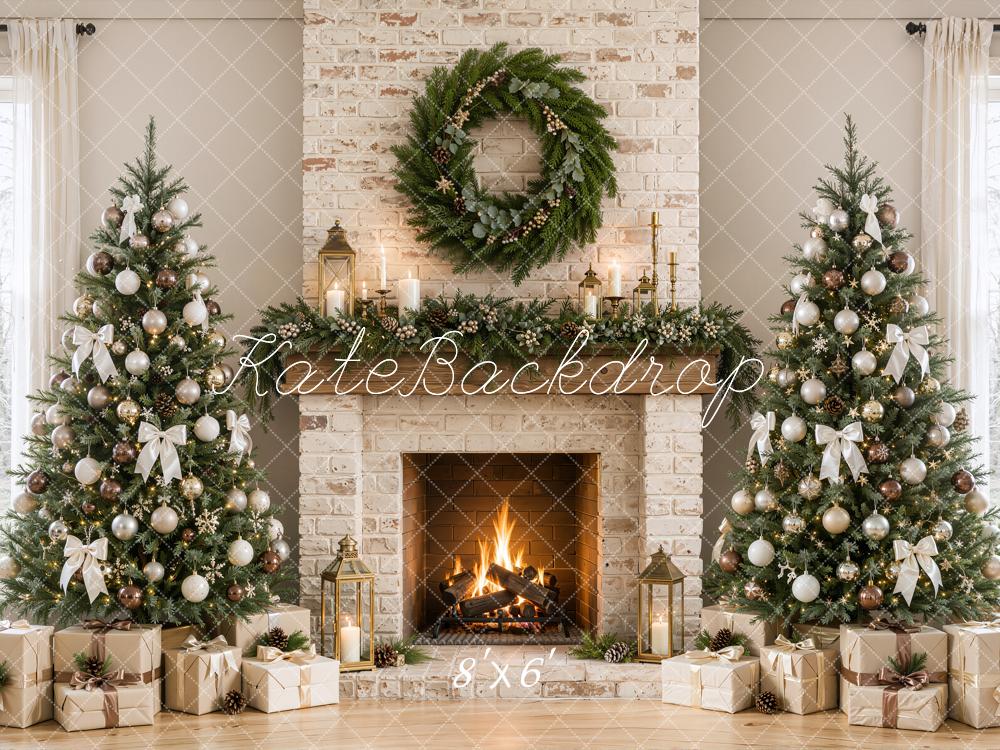 Kate Christmas Brick Fireplace Christmas Trees Wreath Bow Printed Backdrop Designed by Emetselch