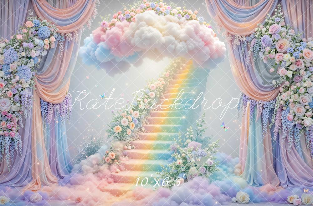 Kate Fairy Fantasy Rainbow Stairs Cloud Floral Arch Printed Backdrop Designed by Mini MakeBelieve