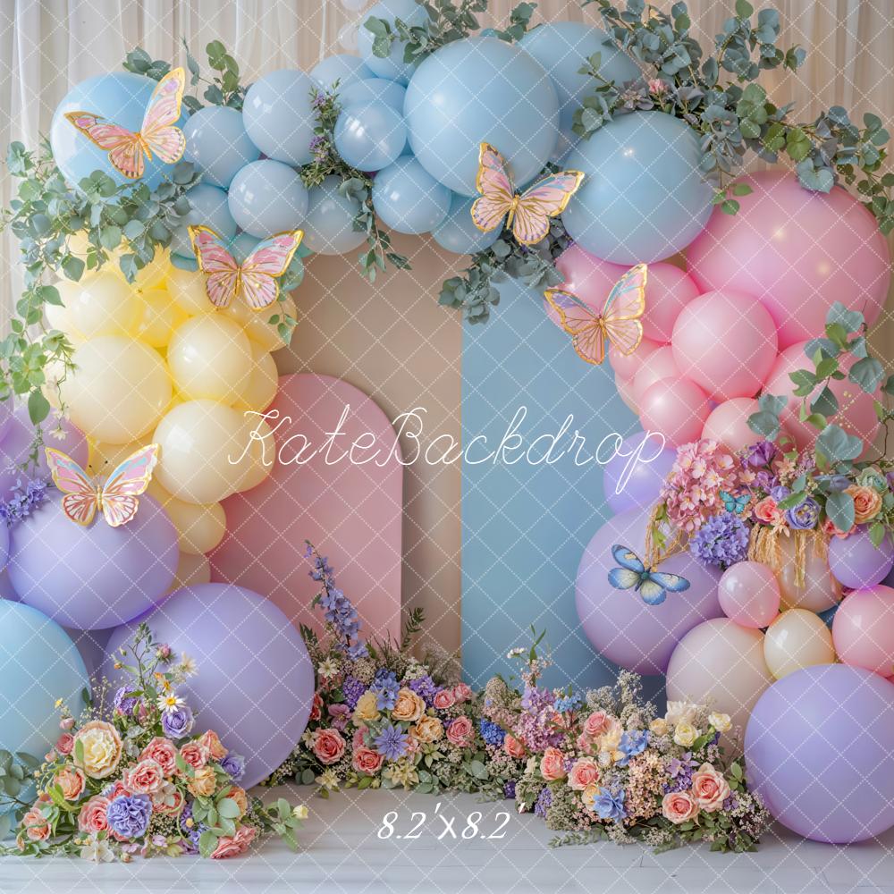 Kate Cake Smash Balloon Arch Pastel Butterfly Flowers Printed Backdrop Designed by Emetselch