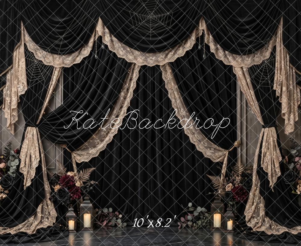 Kate Halloween Gothic Black Lace Victorian Mourning Drapery Printed Backdrop Designed by Patty Roberts