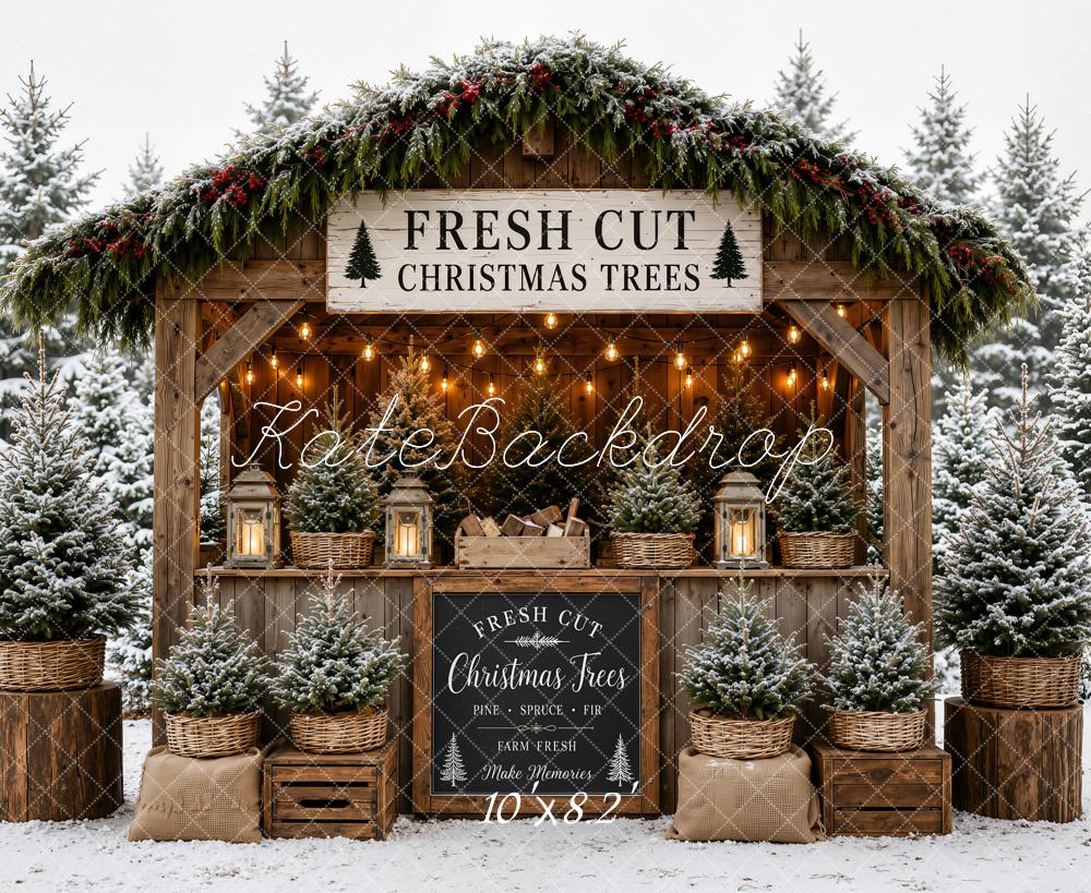 Kate Christmas Trees Wooden Booth Snowy Printed Backdrop Designed by Emetselch