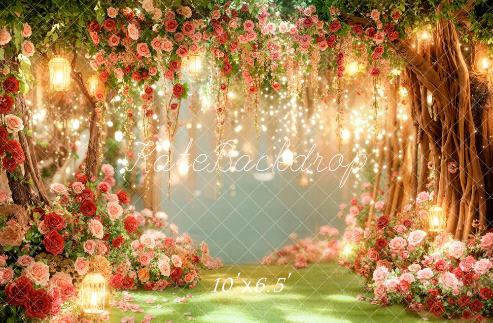 Kate Valentines Romantic Flower Arch Trees Fairy Lights Printed Backdrop Designed by Emetselch