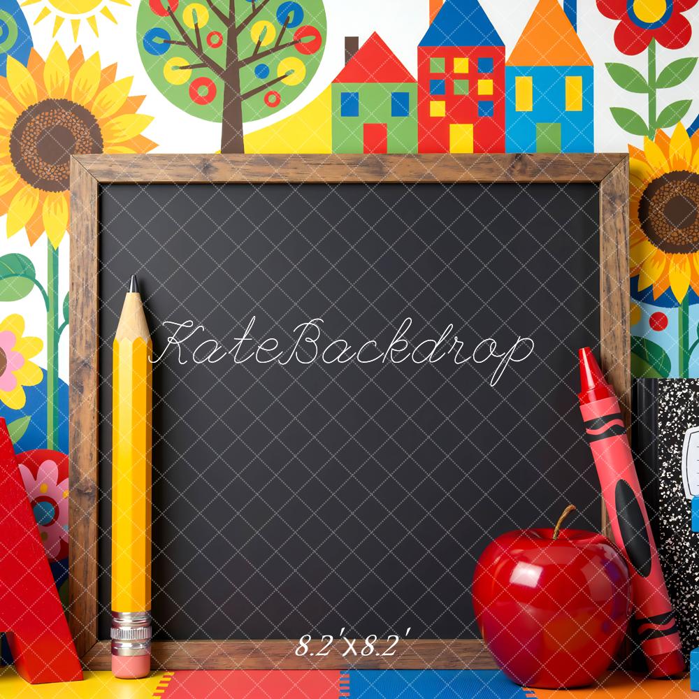 Kate Back to School Chalkboard Colorful Houses Sunflowers Printed Backdrop Designed by Mini MakeBelieve
