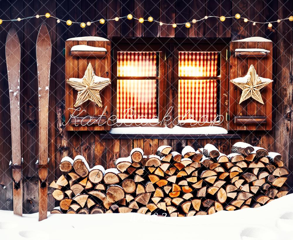 Kate Winter Wood Cabin Firewood Skis Stars Window Printed Backdrop Designed by Fantasyphotoart