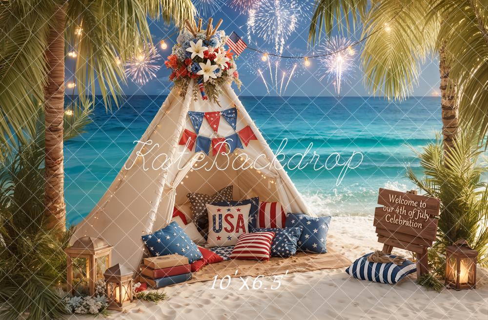 Kate Fourth of July Beach Tent Fireworks Printed Backdrop Designed by Emetselch