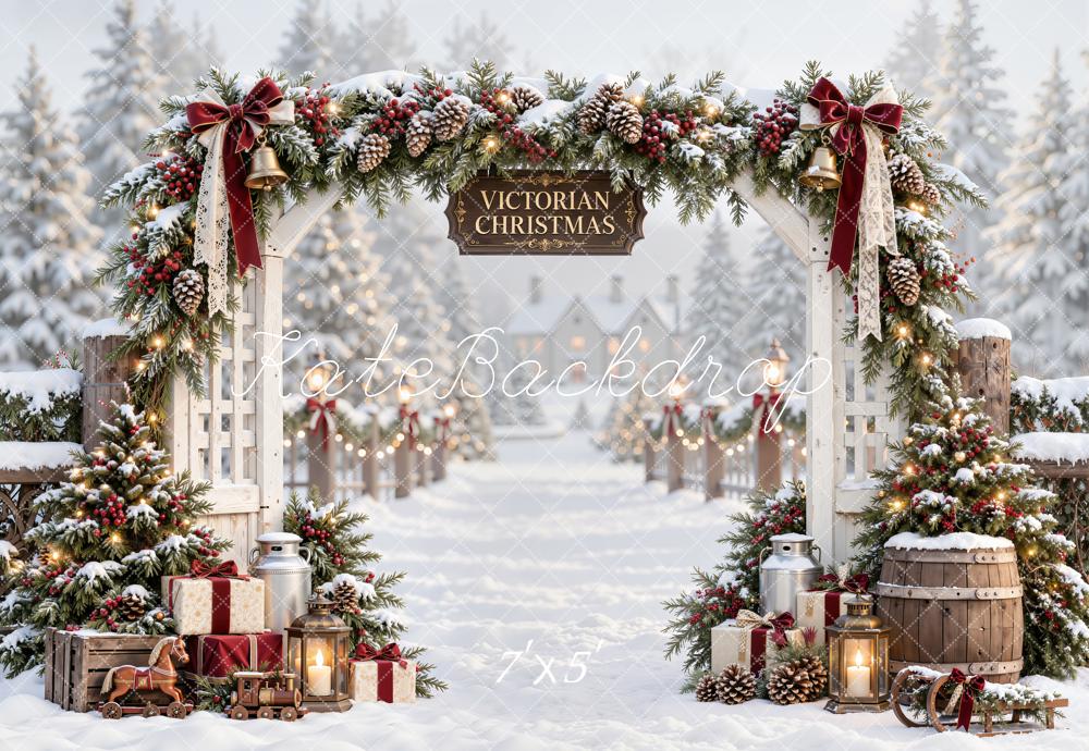 Kate Christmas Victorian Snowy Arch Rustic Fence Printed Backdrop Designed by Emetselch