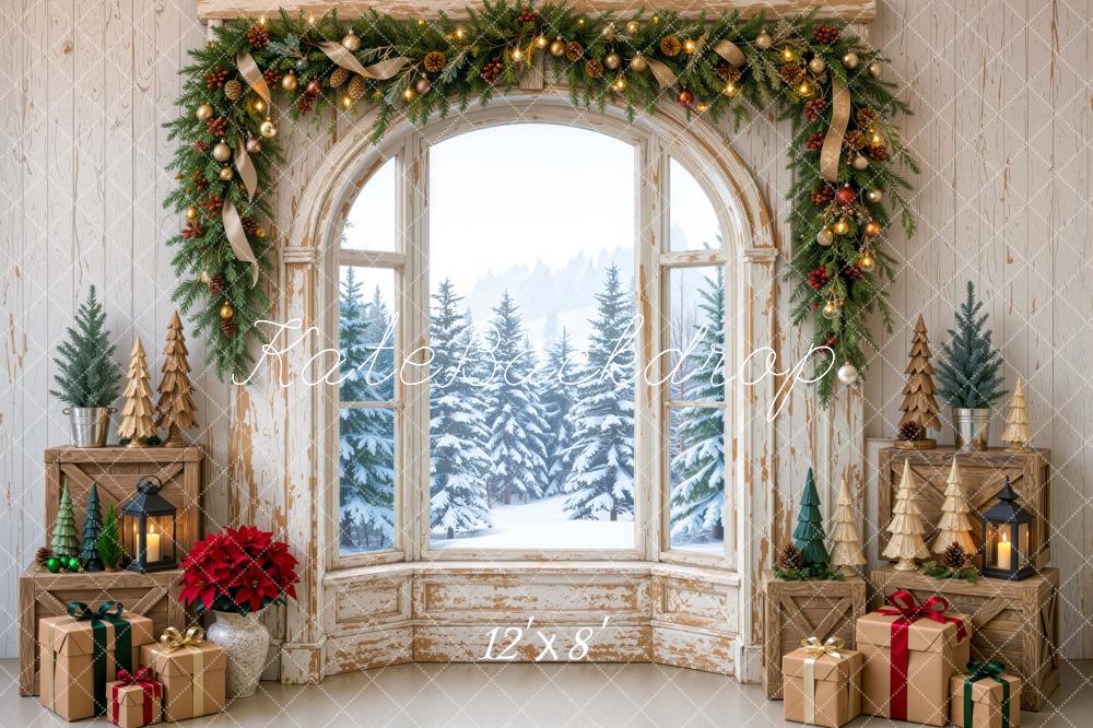 Kate Christmas Vintage Window Garland Gifts Snowy Forest Printed Backdrop Designed by Mini MakeBelieve