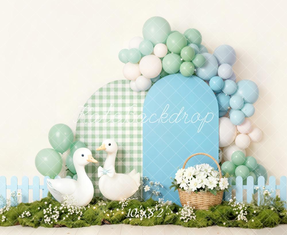 Kate Cake Smash Silly Goose Balloon Blue Arch Gingham Basket Flowers Backdrop Designed by Emetselch