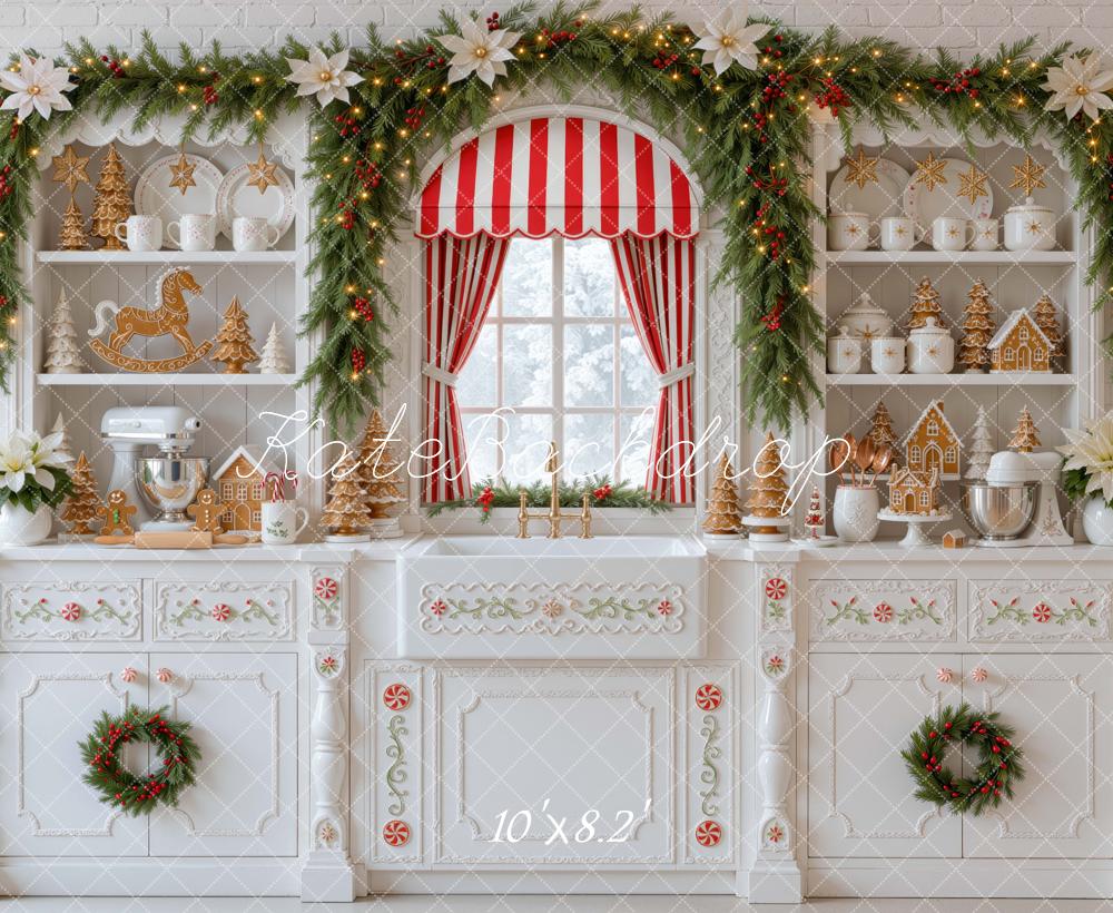 Kate Christmas Kitchen Gingerbread Garland Window Red Striped Printed Backdrop Designed by Mini MakeBelieve