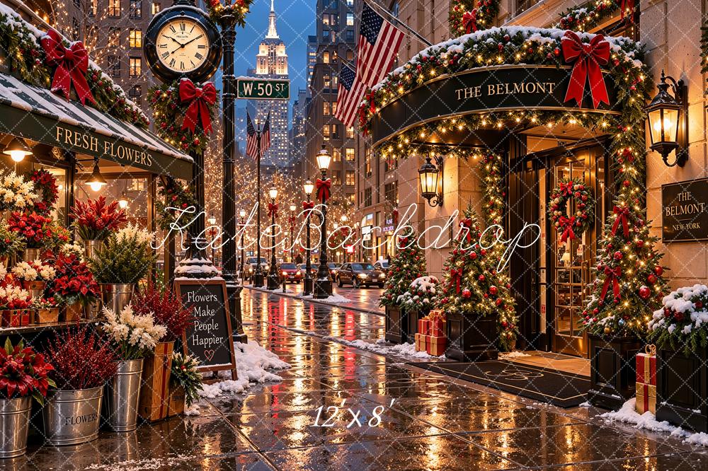 Kate Christmas Snowy New York City Flower Shop Street Printed Backdrop Designed by Shutter Swan Studios