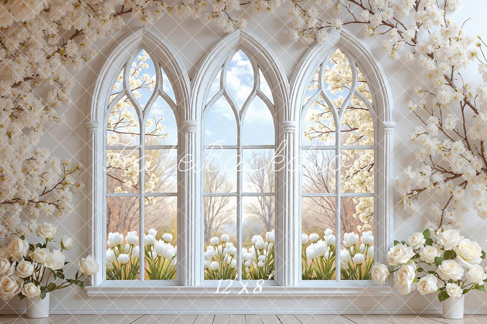 Kate Spring Floral Arch Window White Blossoms Printed Backdrop Designed by Mini MakeBelieve