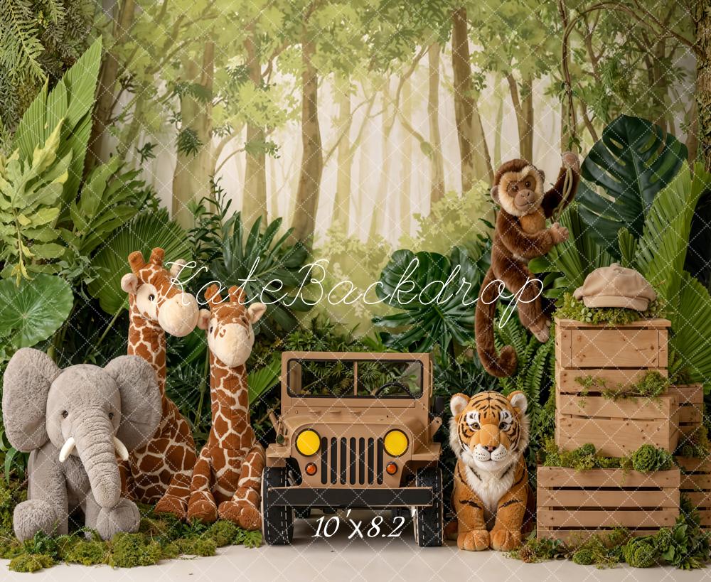 Kate Jungle Safari Jeep Giraffe Elephant Tiger Monkey Printed Backdrop Designed by Emetselch