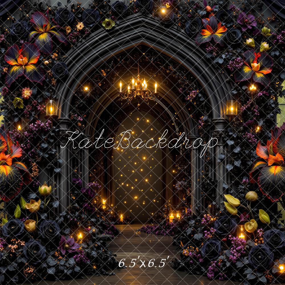 Kate Halloween Gothic Flower Arch Black Roses Chandelier Candles Printed Backdrop Designed by Mini MakeBelieve