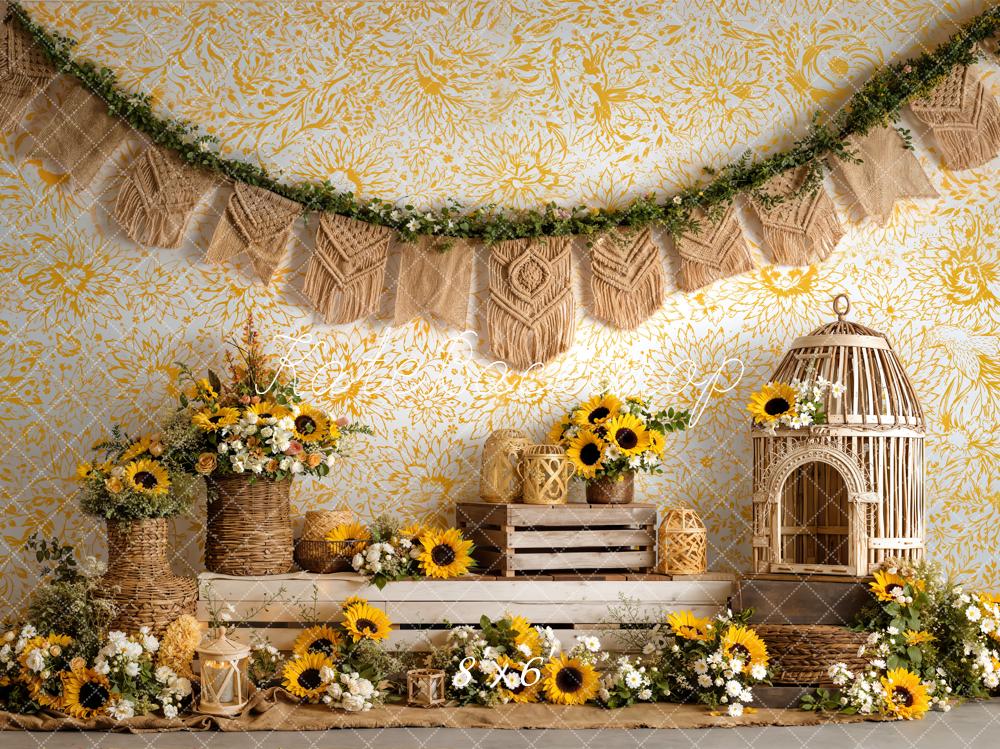 Kate Boho Sunflower Wicker Basket Birdcage Yellow Floral Printed Backdrop Designed by Emetselch