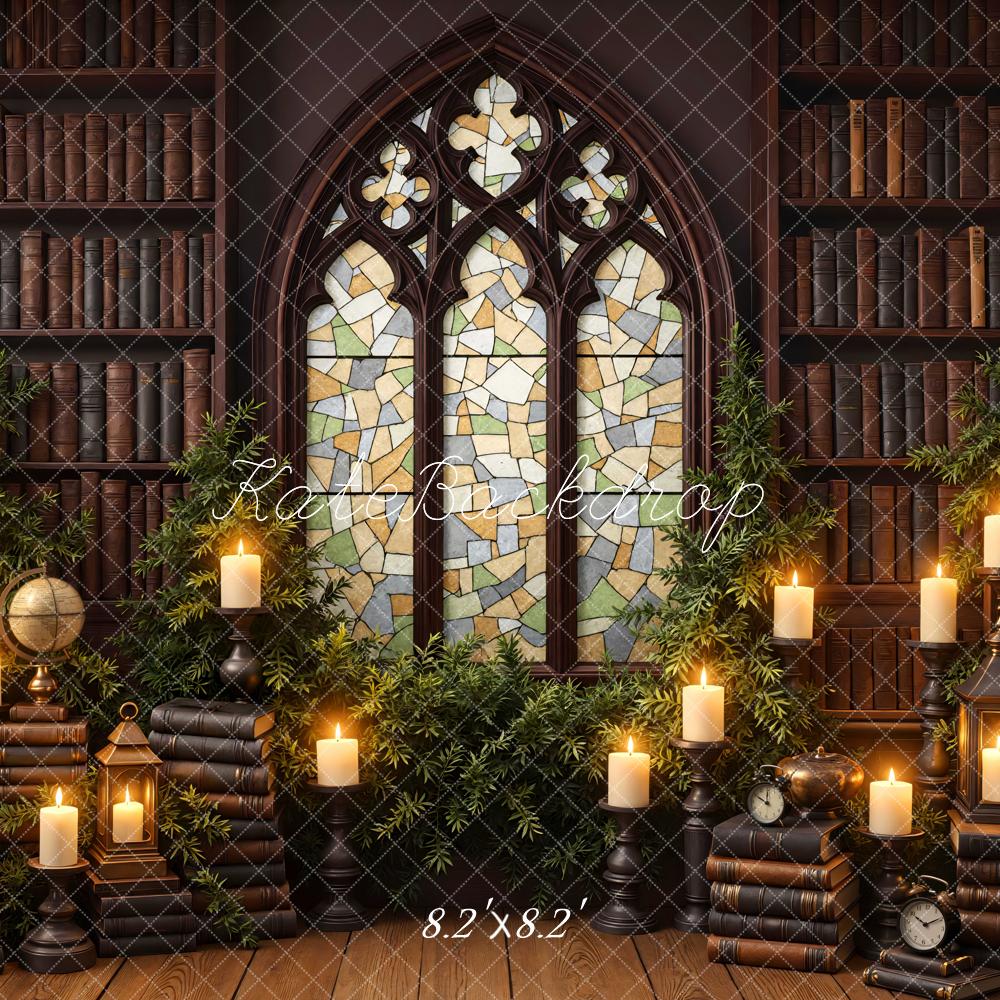 Kate Library Bookshelves Stained Glass Candles Backdrop Designed by Mini MakeBelieve