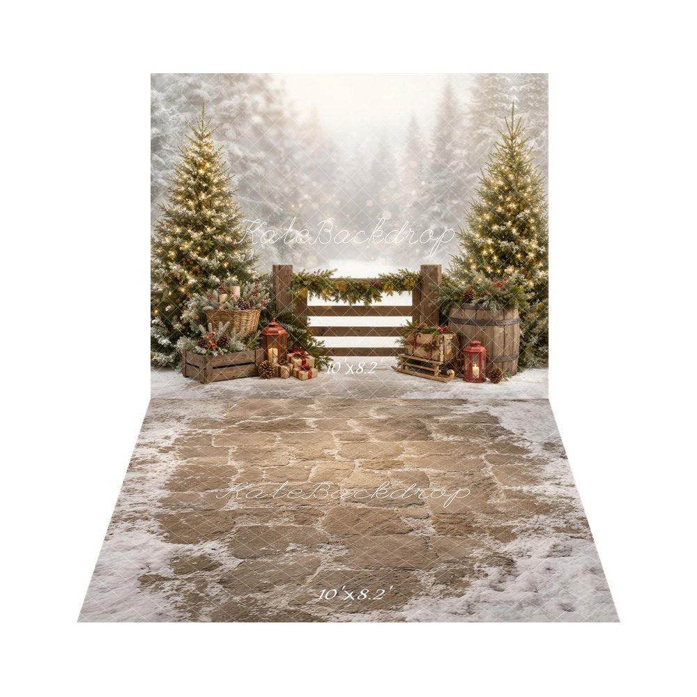 Kate Christmas Pine Trees Wooden Fence Garland Lantern Gifts Sled Printed Backdrop+Cobblestone Floor With Snow Printed Backdrop
