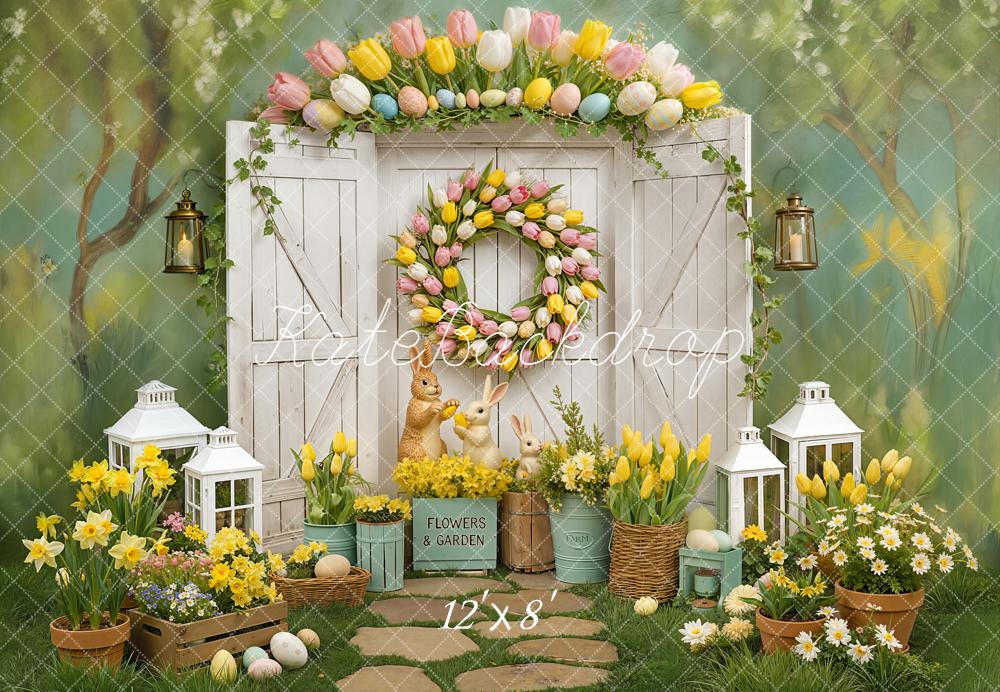 Kate Easter Bunny Tulip Wreath Garden Door Printed Backdrop Designed by Chain Photography