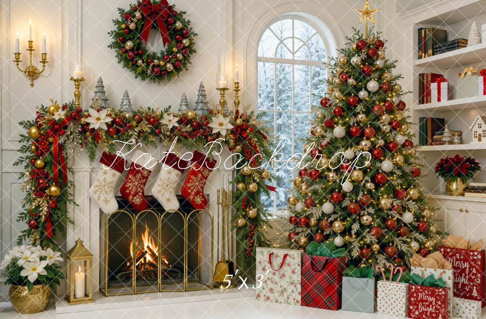 Kate Christmas Fireplace Tree Wreath Garland Gift Bags Printed Backdrop Designed by Mini MakeBelieve